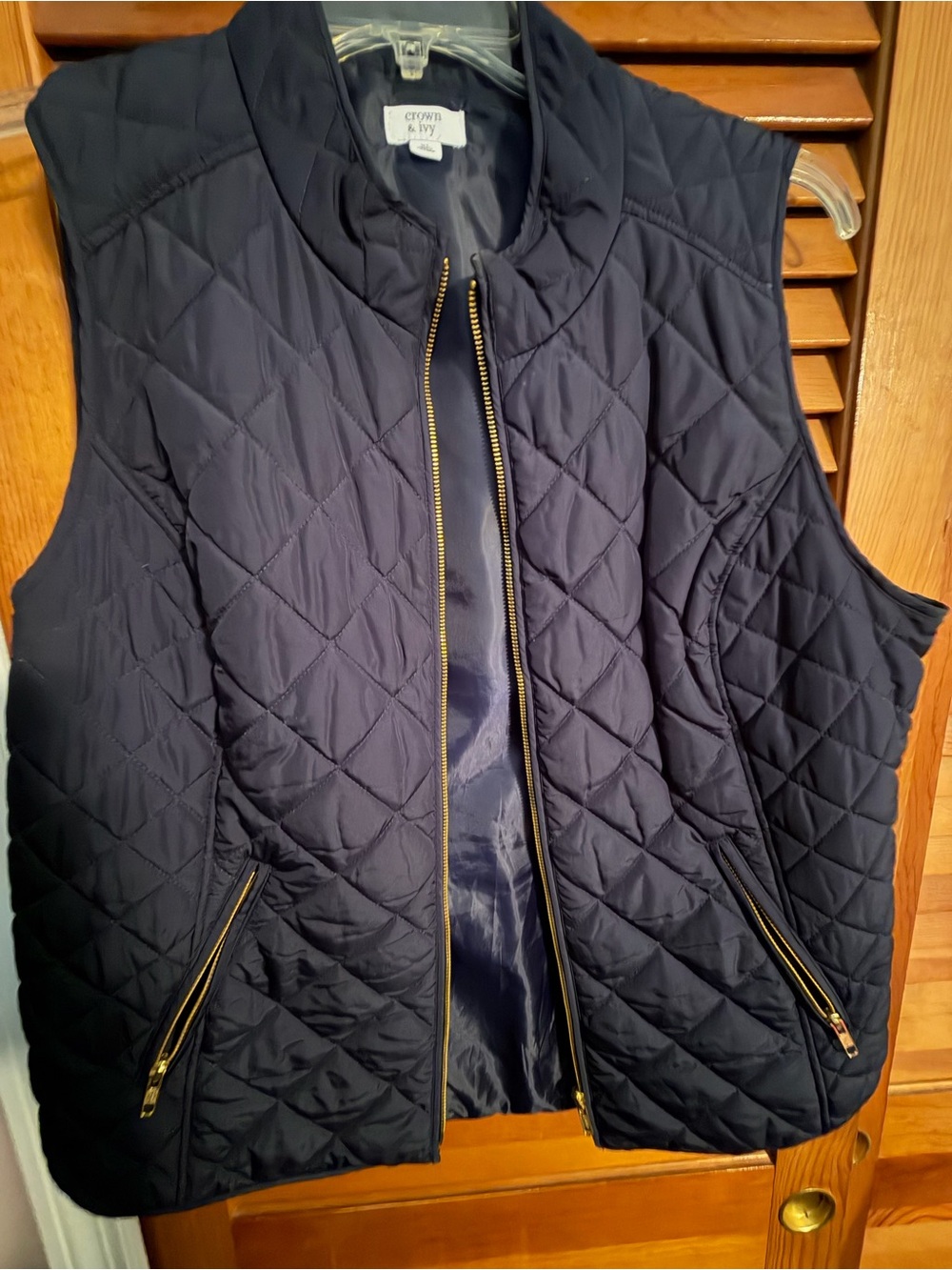 crown & ivy Navy Quilted Sleeveless Vest with Gold Zippers
